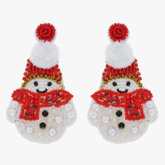 Puff Top Jeweled Seed Beaded Festive Christmas Snowman Earrings - Picture 3 of 3